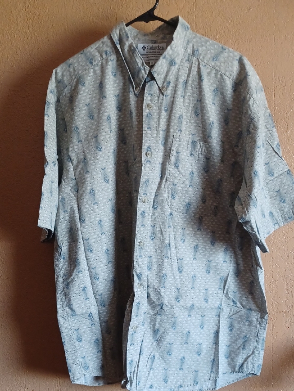 Columbia Light Blue Short-Sleeve Printed Fishw/ Pkt/ Button-Down Shirt Size XXL